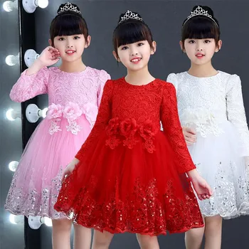 Princezná deti kvet dievča výkon šaty svadobné sequined party šaty eveing strany lúk späť čipky mini šaty červené YY248