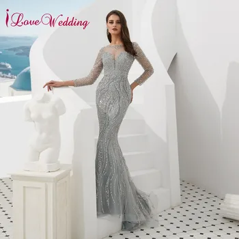 ILoveWedding Luxusné Večerné Šaty Úplnej Crystal Lištovanie Dlhé Rukávy Vlastné Šedá Dlho Formálne Večerné Šaty Real Foto
