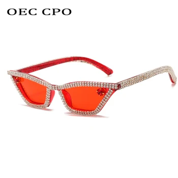 OEC CPO Módne Ženy Diamond slnečné Okuliare Retro Malé Drahokamu Cat eye slnečné Okuliare Žena Crystal Red Okuliare Okuliare O726