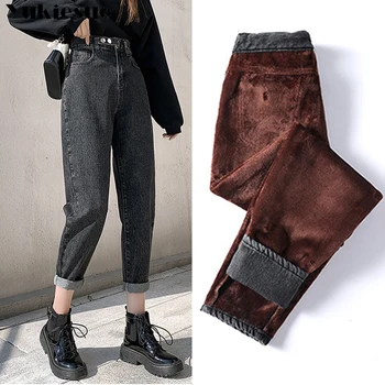 Jesenné a zimné plus velvet teplé retro džínsy ženy 2020 nové voľné rovno vysoký pás hárem nohavice dámske deviateho nohavice čierne