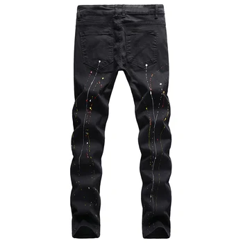 Pánske tiger digitálne tlačené čierne džínsy Módne maľované slim rovné denim stretch nohavice