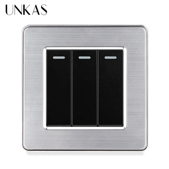 UNKAS Sivá Luxusný Nerezový Panel 3 Gang 1 / 2 tak On / Off Gray Light Switch 16A Prejsť Cez AC 110~250V 86MM*86MM