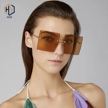 Nadrozmerné Bez Obrúčok Námestie Slnečné Okuliare Ženy 2020 Nové Luxusné Módne Značky Flat Top Červená Modrá Jasný Objektív Jeden Kus Mužov Gafas Okuliare