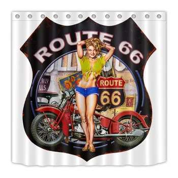 LB Motocykel, Cestovanie, Historické Retro Výlet Sexy Dievča Biela Sprchový Záves Route 66 Textílie A Mat Nastaviť Kúpeľni Na Vani Dekor