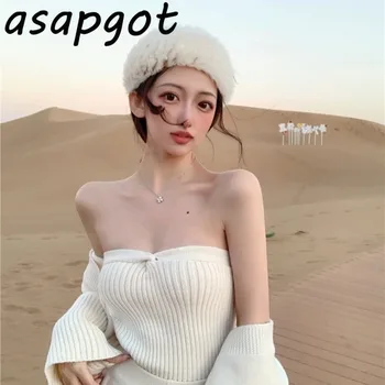 Temperament Voľné Biele Svetre Kórejský Elegantné, Elegantné Ružové Knitwear Topy Jeseň Nový Sveter Kabát Košieľka Bez Ramienok Móda