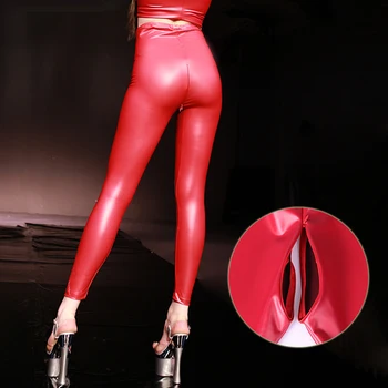 Sexy Červené Latexové PU Kožené Skinny Nohavice Exotické Otvorené Rozkroku Leginy Ženy Vlastné Neviditeľný Zips, Čierne Slim jednofarebné Nohavice