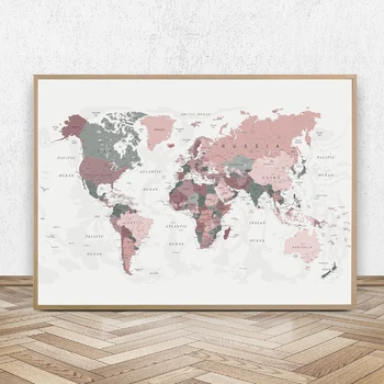 Mapa Sveta Plátno Maľovaní Plagátov Blush Pink & Hunter Zelená Mapa Vytlačí Moderné Nástenné Art Obraz Obývacia Izba Domova Cuadros