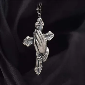 Ruky Modliť Cross Prívesok Vintage Náhrdelník Pre Ženy, Mužov Európskych a Amerických Kresťanstvo Biele Zlato Náhrdelník Starožitné Šperky