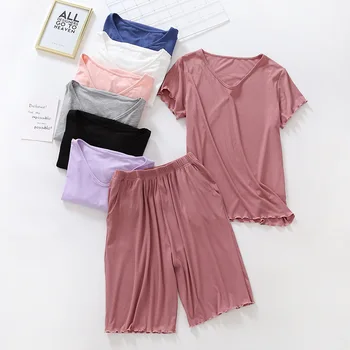 2 ks Modálne Pyžamo Ženy Krátke Rukáv Tričko + krátke Nohavice Domov Vyhovovali tvaru Volánikmi Domáce Oblečenie Letné Voľné Žena Sleepwear 2020