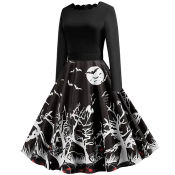 Ženy Jeseň Zima Halloween Šaty Plus Veľkosť Bežné Čiernej Tlače Dlhý Rukáv Elegantný Retro Party Šaty Vestidos Župan Femme