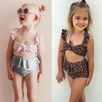 Deti Dievča Vysoký Pás Leopard Kvetinový Plávanie Bikini Kostým Plavky S Volánikmi Obväz, Plavky, Plážové Oblečenie