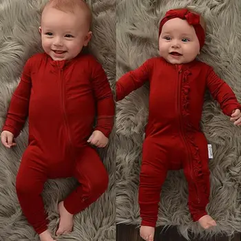 Novorodenca Romper Chlapec, Dievča, Dlhý Rukáv, Červená Prehrabať Zips Romper Jumpsuit hlavový most Sleepwear Pyžamá Dieťa Dievča Oblečenie 0-18 M