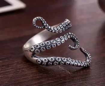 Vysoká Kvalita 2021 Nové Skutočné Skutočné 925 Sterling Silver Gotický Punk Octopus Prst Prsteň Otvorené Nastaviteľné Krúžky Vintage Šperky