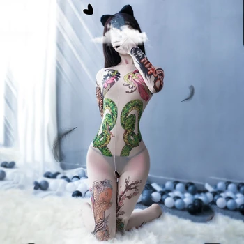Ženy Erotické Dlhý Rukáv Polo-Obyčajné Bodystockings Plné Sexy Tetovanie Pokrytie Kombinézu Catsuit Otvorený Rozkrok pančuchové Nohavice, spodná Bielizeň M7DD