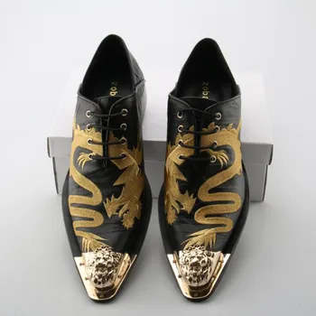 Zobairou talianske kožené topánky mužov dragon výšivky zlato prst šaty topánky ručne vyrábané pánske klasické oxford topánky pre mužov sapatos
