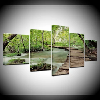 5 Panel HD Tlač Zeleného lesa drevo most nástenné plagáty Tlačiť Na Plátno Umenie Maľby Pre domáce obývacej miestnosti dekorácie