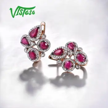 VISTOSO Skutočné 14K 585 ružové Zlato Náušnice Pre Ženy Očarujúce Fantázie Ruby Iskrivý Diamant Elegantné, Módne, Luxusné, Jemné Šperky