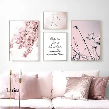 Moderný ružový čerstvé krajiny plagát kvetov, vtákov a vrchol hory plátno na maľovanie na stenu, dekorácie vytlačí obrázok pre obývacia izba