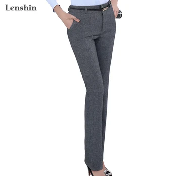 Lenshin Plus Veľkosť Formálne Nastaviteľné Nohavice pre Ženy Office Lady Style Pracovné oblečenie Rovno Pás Slučky Nohavice Business Dizajn