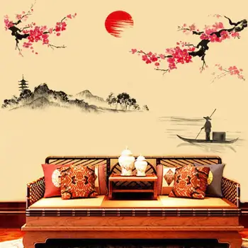 Nálepky, samolepky na stenu na stenu Tvorivé Klasickej Čínskej Štýl Atrament Maliarske Dekoračné Samolepky na Stenu Broskyňa