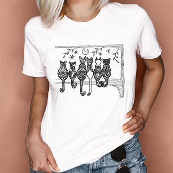 Ženy Grafické Mačka Tlače Zvierat Trend kórejský 90. rokov Oblečenie Letné Jar Lady Šaty, Topy Tees Tlač Žena Tričko T-Shirt