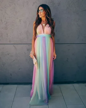 Ženy Lete Špagety Popruh Oka Šaty 2020 Nové Elegantné Rainbow Party Šaty Elegantné Dámy Bez Rukávov Boho Šaty Vestidos Mujer