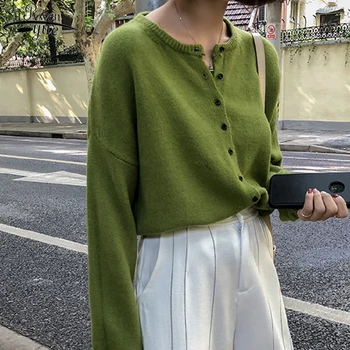 Dámske Svetre Svieži Zelený kórejský Štýl Dlhý Rukáv Cardigan Kabát na Jeseň Pevné Voľné Ženy Oblečenie 2021 10325