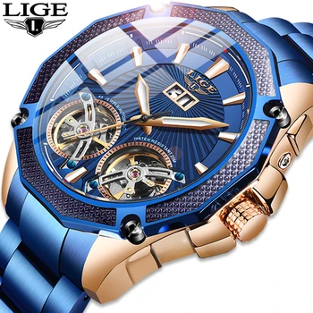 LIGE 2020 Muži Hodinky Automatické mechanické hodinky Stianless Top Značky Šaty Luxusné Svetelné Dvojité Náramkové hodinky Tourbillon Darom Človeka