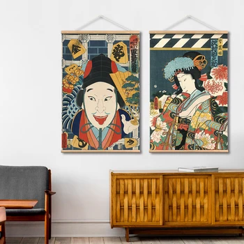 Japonský Ukiyo-e znak Prejdite plátno na maľovanie na stenu umenia pre obývacia izba Vintage úradník prejdite plagát s drevené ramienko