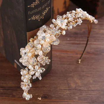 SLBRIDAL Ručné Crystal Kamienkami Perly Kvetinové Svadobné Tiara hlavový most Svadobné Headpieces Vlasy Príslušenstvo Družičky Ženy