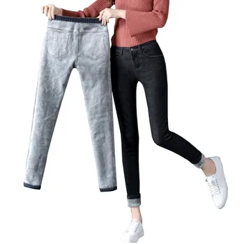 Zimné Plyšové džínsy dámske vysoký pás elastickej slim kórejská verzia malé nohy nohavice zobraziť tenké nosiť nohavice 2019 NOVÉ