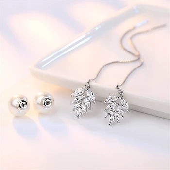 Luxusné zirkón pearl Náušnice Kvapka temperament sladké šperky ice listy dlhé náušnice ženské modely high - kvalitné strieborné šperky