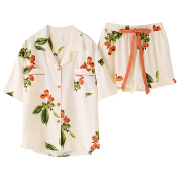 Kvetinový Tlač Tričko a Šortky Pyžamo Nastaviť Hawaiian Dovolenka Štýl Bežné Tlačidlo Krátky Rukáv Ženy Letný Odev Pijamas Mujer