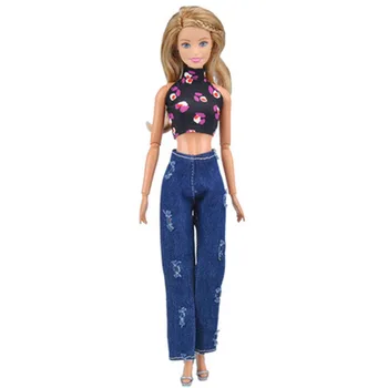 5Sets/veľa Módne Oblečenie Pre Barbie Doll Oblečenie Krátky Top a Džínsy Džínsové nohavice Nohavice Pre Barbie domček pre bábiky Bábiky, Príslušenstvo