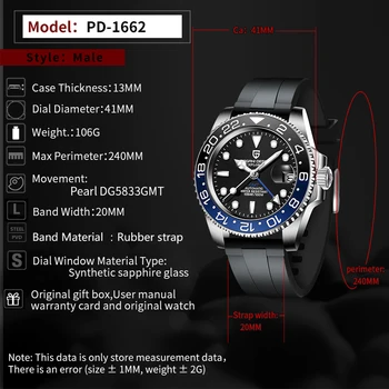 PAGANI DIZAJN Luxusné Muži Mechanické Náramkové hodinky z Nerezovej Ocele GMT Sledovať Gumy Popruh Zafírové Sklo Muži Hodinky reloj hombre