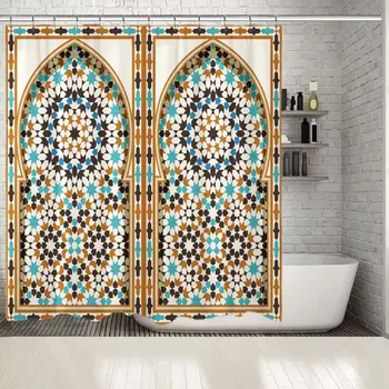 Sprchový Záves Arabčina Arch Tradičnej Islamskej Architektúry Klasické Vonkajšie Dekoračný Prvok, Hnedá, Modrá, Biela