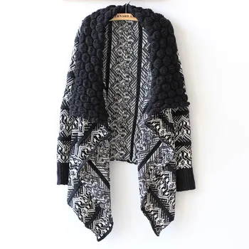 Dlhý rukáv nový kabát pletené háčik kvet klope nepravidelný geometrický vzor pletený sveter šatka