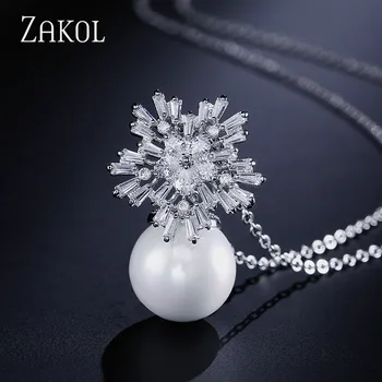 ZAKOL Módne Imitácia Perly Svadobné Šperky pre Ženy Vysokej Kvality Kubický Zirkón Crystal Snowflower Prívesok Náhrdelníky